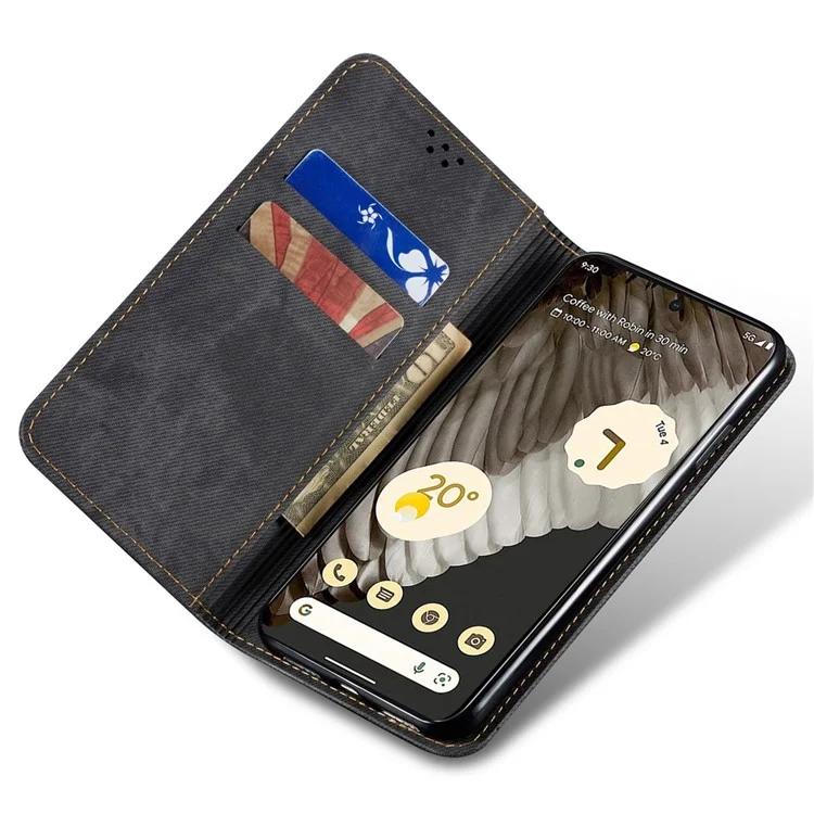 For Google Pixel 7 Pro 5G Jeans Cloth Texture PU Leather Phone Case Stand Magnetic Absorption Wallet Flip Cover - Black