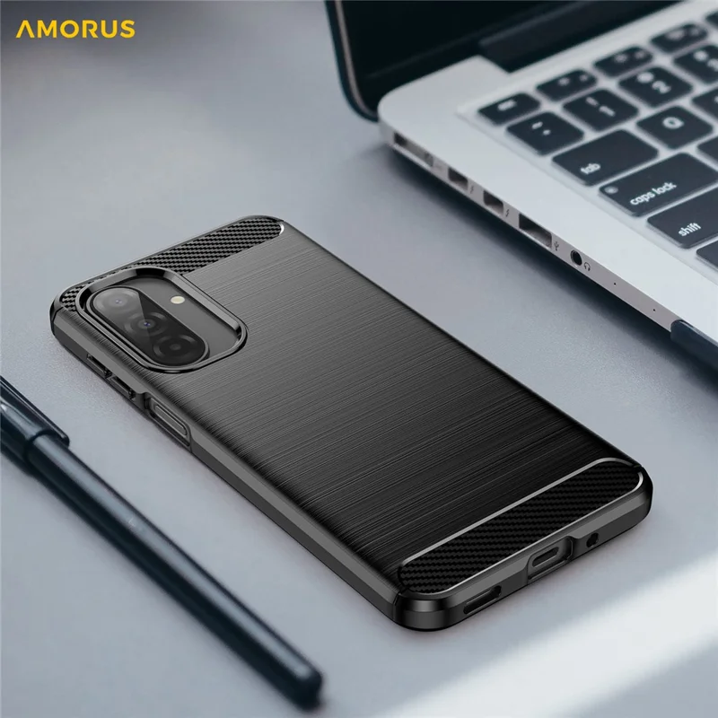 AMORUS voor Samsung Galaxy A17 5G / A17 4G hoesje met koolstofvezelstructuur Geborstelde beschermhoes voor telefoon - Zwart