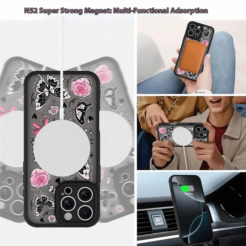 For iPhone 15 Pro Max Case Compatible with MagSafe Pattern Printed Design PC + TPU Phone Cover - Ink Flowers