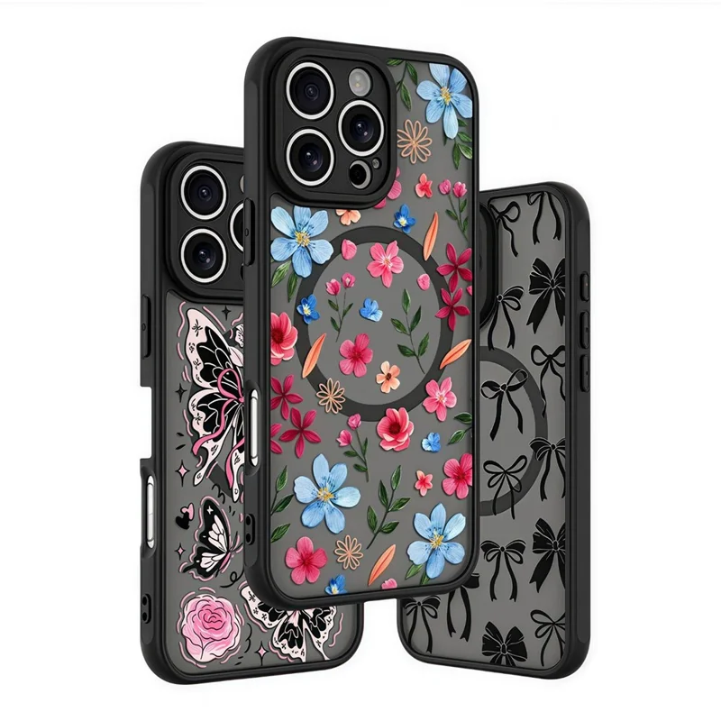 For iPhone 14 Pro Max Case Compatible with MagSafe Pattern Printed Design PC + TPU Phone Cover - Ink Flowers