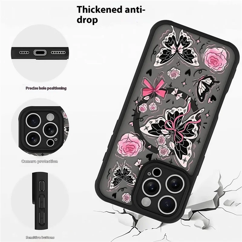 For iPhone 13 Pro Case Compatible with MagSafe Pattern Printed Design PC + TPU Phone Cover - Black Bow