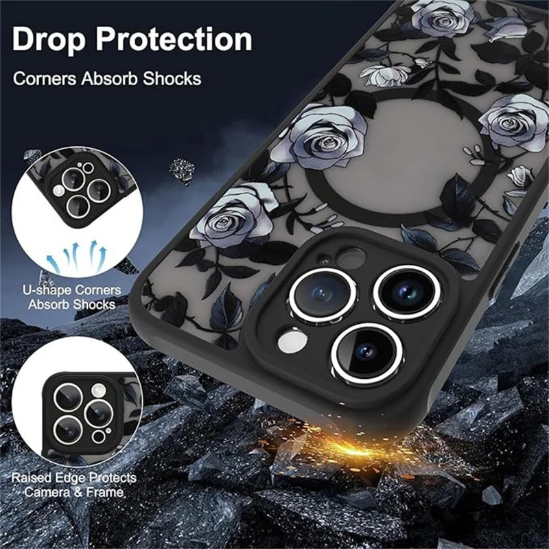 For iPhone 12 Pro Max Case Compatible with MagSafe Rose Flower Pattern PC + TPU Phone Cover