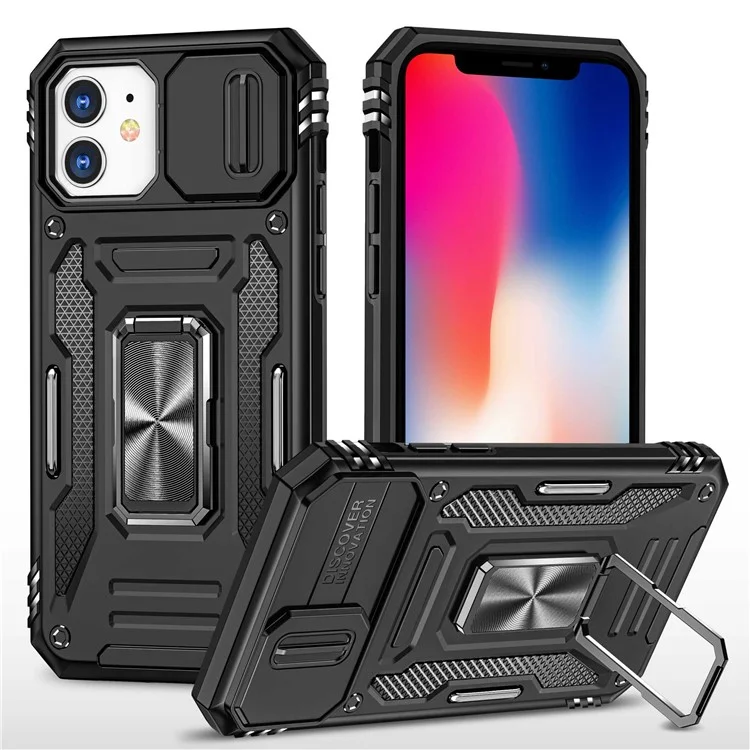 Armor Series for iPhone 11 6.1 inch Anti-scratch Phone Case Kickstand PC + TPU Protective Back Cover with Slide Camera Cover - Black