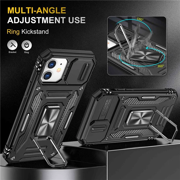 Armor Series for iPhone 11 6.1 inch Anti-scratch Phone Case Kickstand PC + TPU Protective Back Cover with Slide Camera Cover - Black