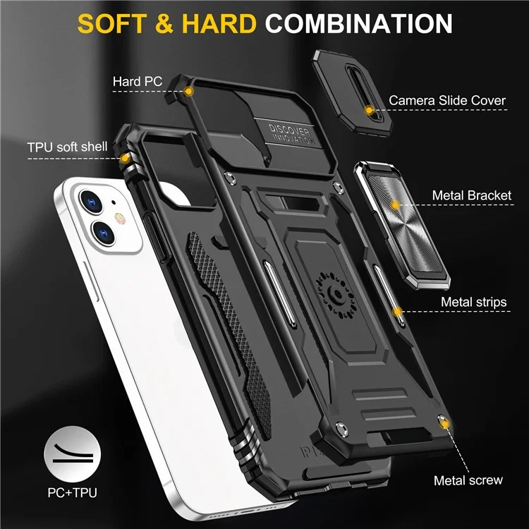Armor Series for iPhone 11 6.1 inch Anti-scratch Phone Case Kickstand PC + TPU Protective Back Cover with Slide Camera Cover - Black