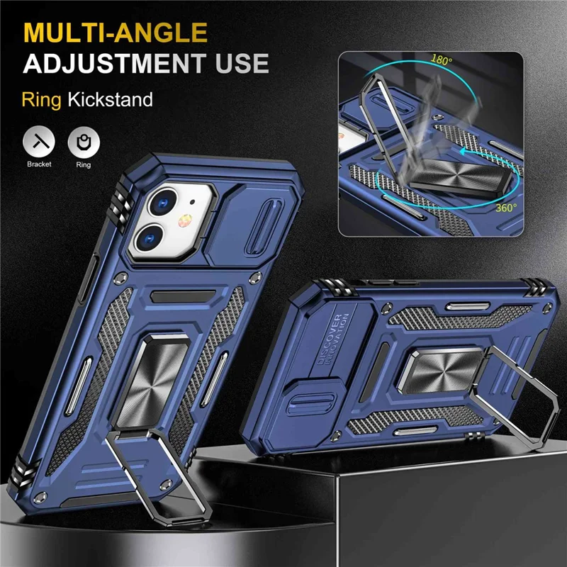 Armor Series for iPhone 11 6.1 inch Anti-scratch Phone Case Kickstand PC + TPU Protective Back Cover with Slide Camera Cover - Dark Blue