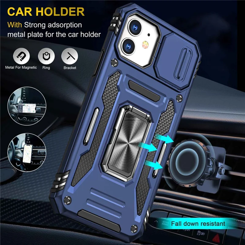 Armor Series for iPhone 11 6.1 inch Anti-scratch Phone Case Kickstand PC + TPU Protective Back Cover with Slide Camera Cover - Dark Blue
