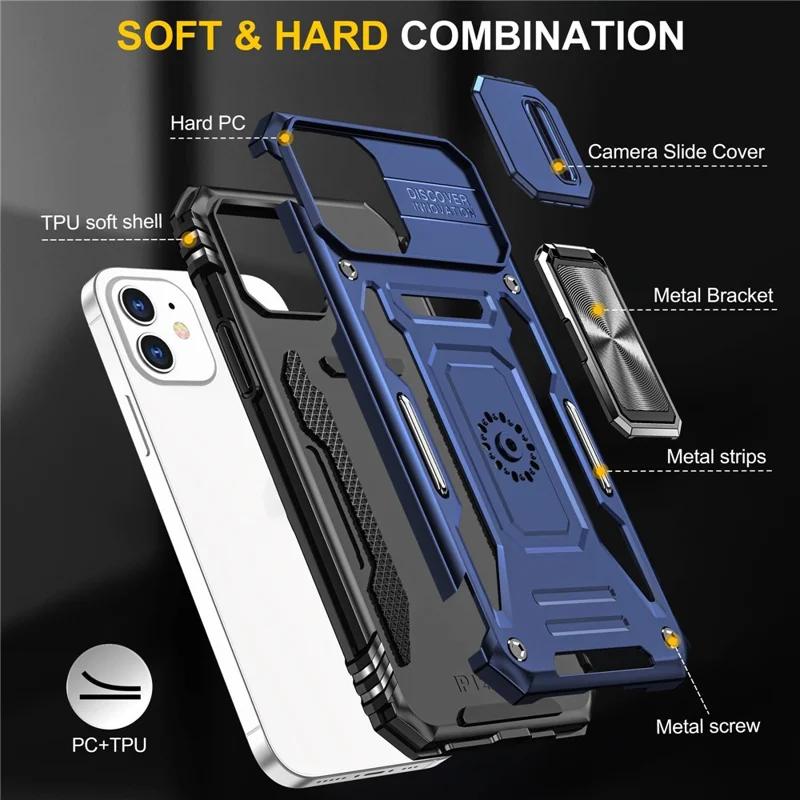 Armor Series for iPhone 11 6.1 inch Anti-scratch Phone Case Kickstand PC + TPU Protective Back Cover with Slide Camera Cover - Dark Blue