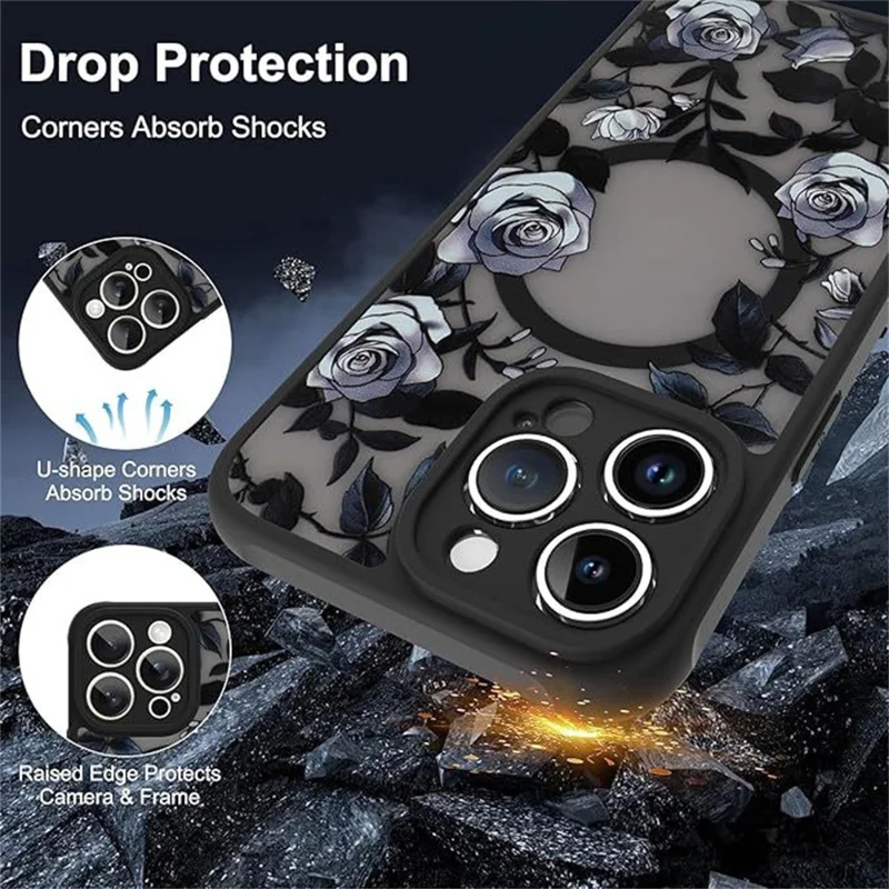 For iPhone 14 Pro Case Compatible with MagSafe Rose Flower Pattern PC + TPU Phone Cover