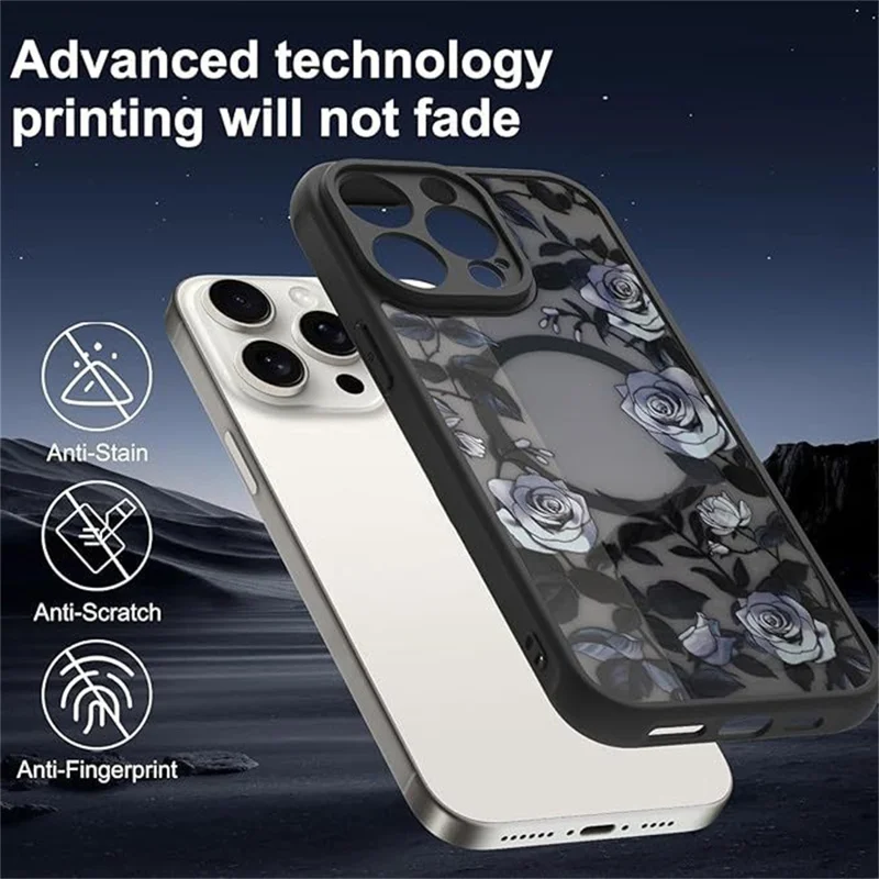 For iPhone 15 Pro Case Compatible with MagSafe Rose Flower Pattern PC + TPU Phone Cover