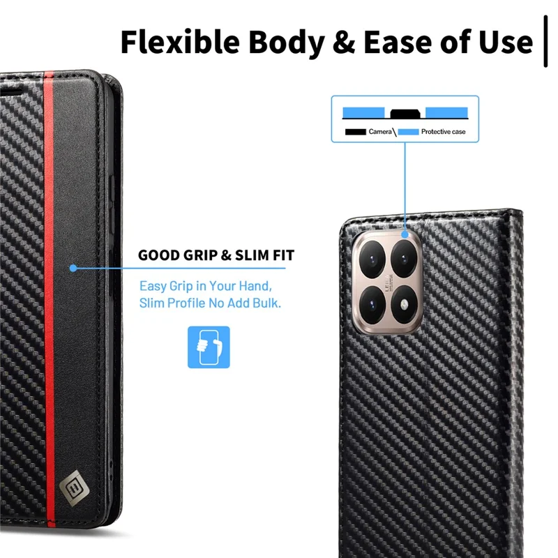 LC.IMEEKE Fodral för Xiaomi 15T, plånbok, kolfiberstruktur, läder, vertikal rand