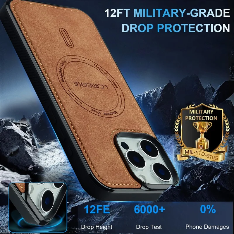 LC.IMEEKE L6 For iPhone 13 Pro Case PU Leather Coated PC TPU Phone Cover Compatible with MagSafe - Brown