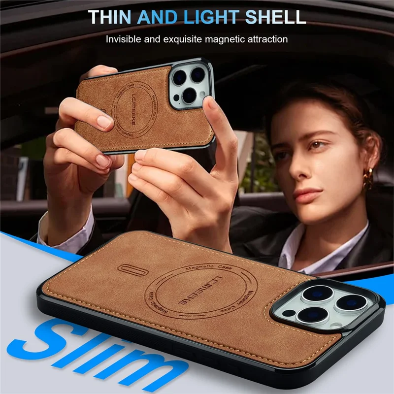 LC.IMEEKE L6 For iPhone 13 Pro Case PU Leather Coated PC TPU Phone Cover Compatible with MagSafe - Brown