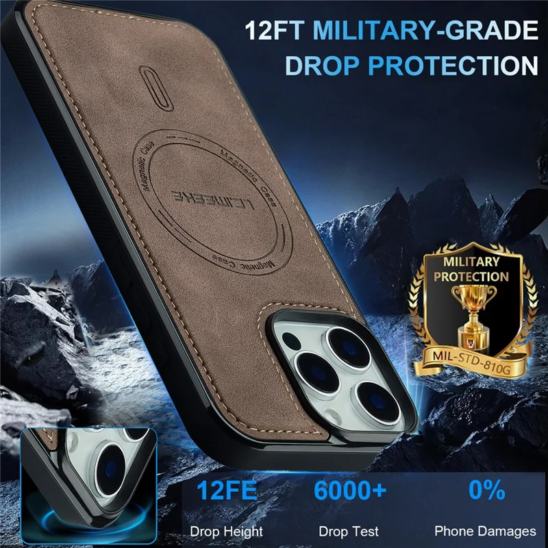 LC.IMEEKE L6 For iPhone 13 Pro Max Case PU Leather Coated PC TPU Phone Cover Compatible with MagSafe - Coffee