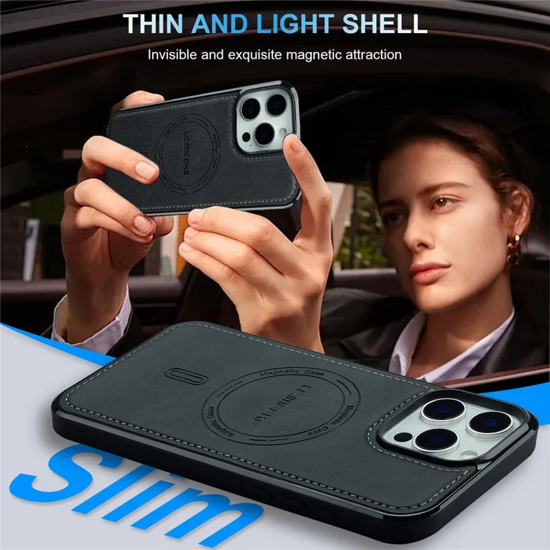 LC.IMEEKE L6 For iPhone 14 Pro Max Case PU Leather Coated PC TPU Phone Cover Compatible with MagSafe - Black