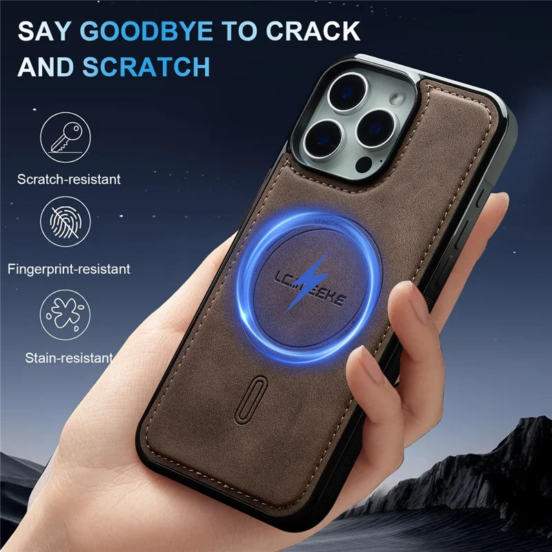 LC.IMEEKE L6 For iPhone 14 Pro Case PU Leather Coated PC TPU Phone Cover Compatible with MagSafe - Coffee