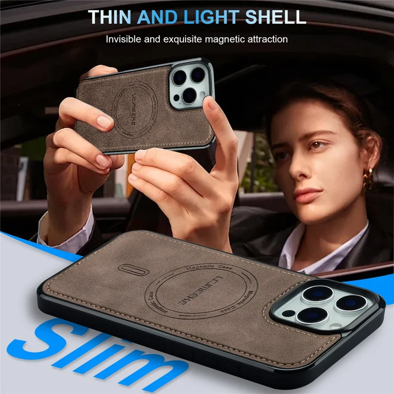 LC.IMEEKE L6 For iPhone 14 Pro Case PU Leather Coated PC TPU Phone Cover Compatible with MagSafe - Coffee