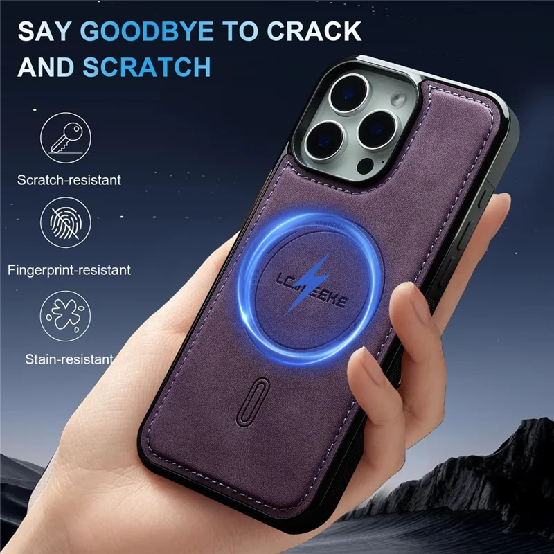 LC.IMEEKE L6 For iPhone 15 Pro Max Case PU Leather Coated PC TPU Phone Cover Compatible with MagSafe - Purple