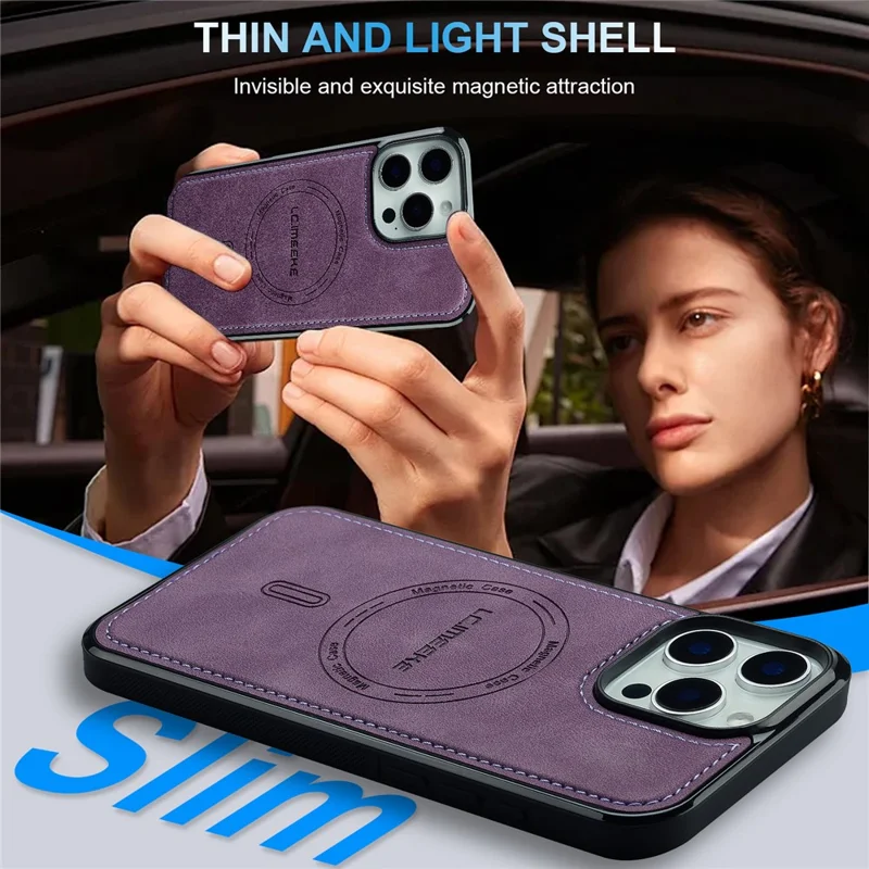 LC.IMEEKE L6 For iPhone 15 Pro Max Case PU Leather Coated PC TPU Phone Cover Compatible with MagSafe - Purple