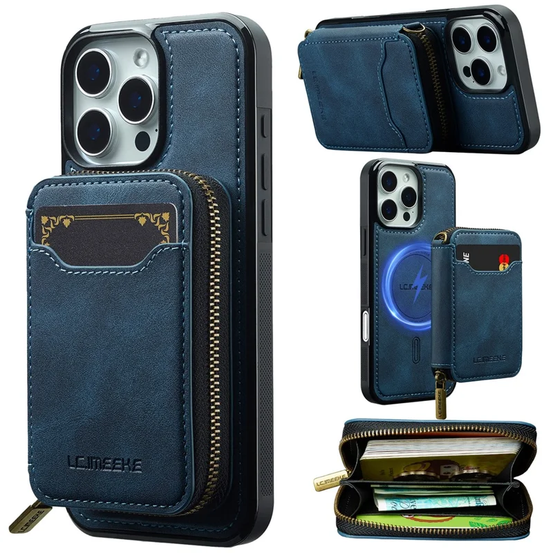 LC.IMEEKE L6 For iPhone 14 Pro Max Magnetic Case Detachable Zipper Wallet Leather Coated PC + TPU Phone Cover - Blue