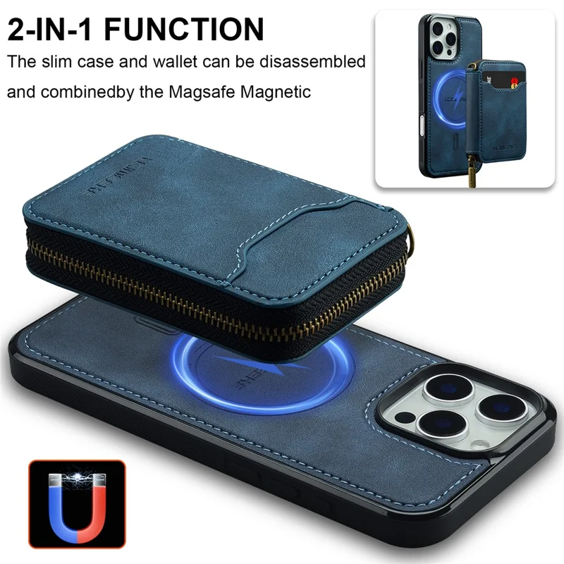 LC.IMEEKE L6 For iPhone 14 Pro Max Magnetic Case Detachable Zipper Wallet Leather Coated PC + TPU Phone Cover - Blue