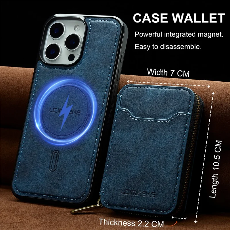 LC.IMEEKE L6 For iPhone 14 Pro Max Magnetic Case Detachable Zipper Wallet Leather Coated PC + TPU Phone Cover - Blue