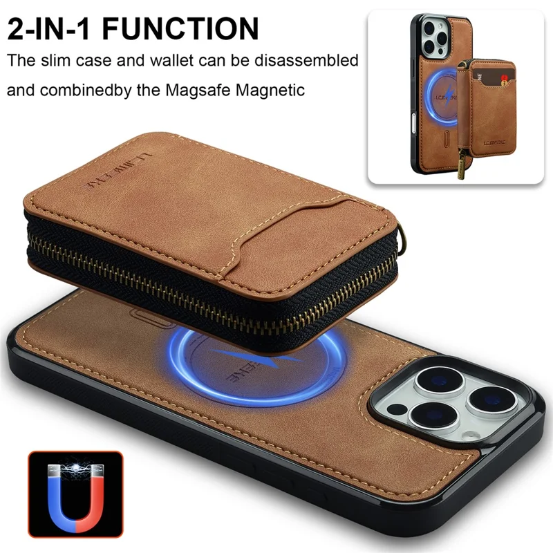 LC.IMEEKE L6 For iPhone 13 Pro Max Magnetic Case Detachable Zipper Wallet Leather Coated PC + TPU Phone Cover - Brown