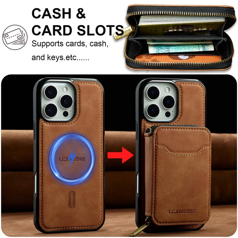 LC.IMEEKE L6 For iPhone 13 Pro Max Magnetic Case Detachable Zipper Wallet Leather Coated PC + TPU Phone Cover - Brown