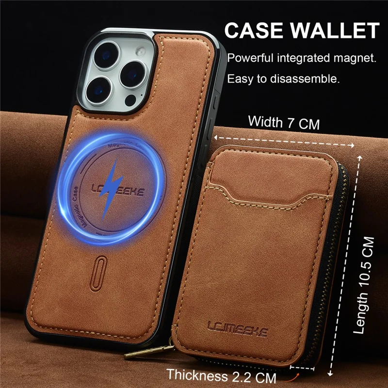 LC.IMEEKE L6 For iPhone 13 Pro Max Magnetic Case Detachable Zipper Wallet Leather Coated PC + TPU Phone Cover - Brown