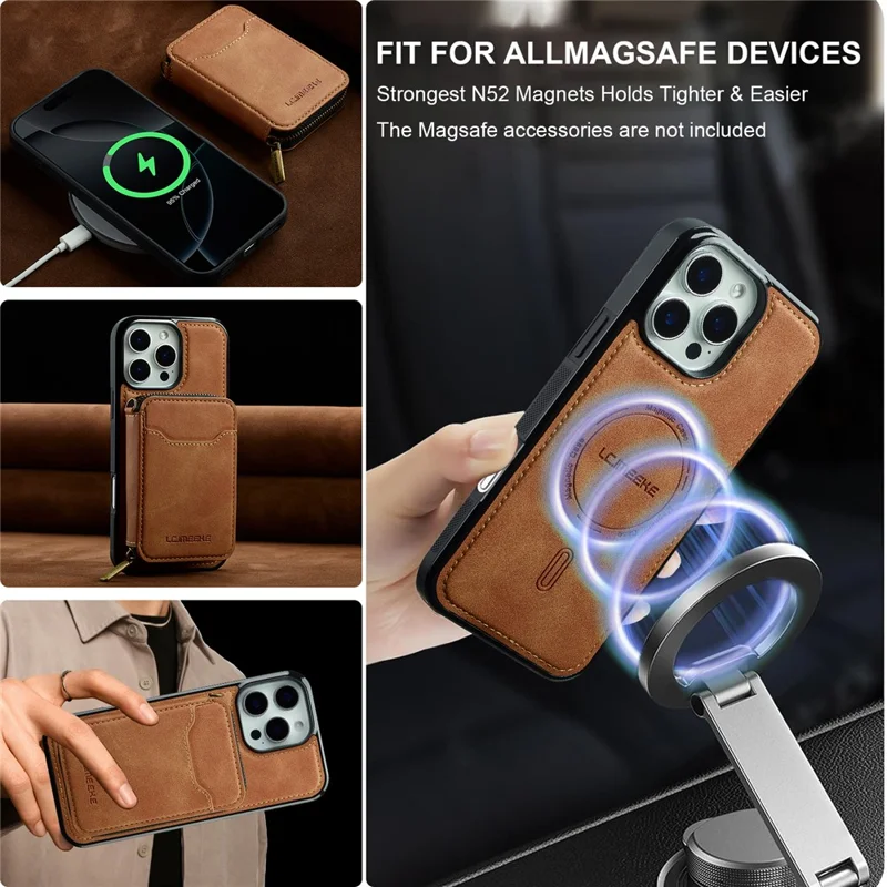 LC.IMEEKE L6 For iPhone 13 Pro Max Magnetic Case Detachable Zipper Wallet Leather Coated PC + TPU Phone Cover - Brown