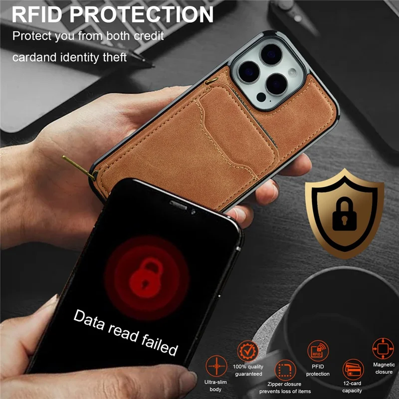 LC.IMEEKE L6 For iPhone 13 Pro Max Magnetic Case Detachable Zipper Wallet Leather Coated PC + TPU Phone Cover - Brown