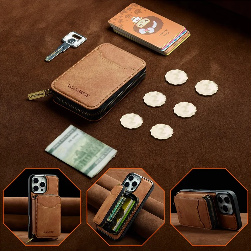 LC.IMEEKE L6 For iPhone 13 Pro Max Magnetic Case Detachable Zipper Wallet Leather Coated PC + TPU Phone Cover - Brown