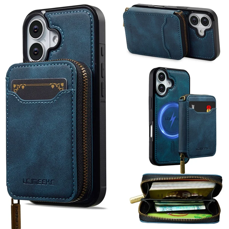 LC.IMEEKE L6 For iPhone 16 Plus Magnetic Case Detachable Zipper Wallet Leather Coated PC + TPU Phone Cover - Blue
