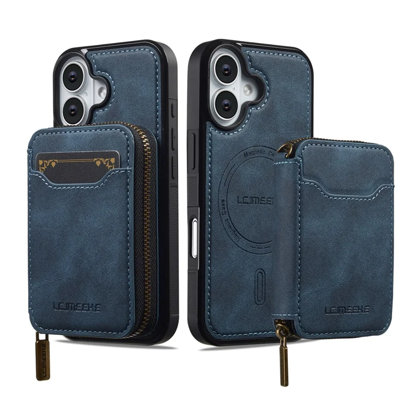 LC.IMEEKE L6 For iPhone 16 Plus Magnetic Case Detachable Zipper Wallet Leather Coated PC + TPU Phone Cover - Blue