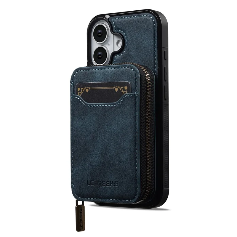 LC.IMEEKE L6 For iPhone 16 Plus Magnetic Case Detachable Zipper Wallet Leather Coated PC + TPU Phone Cover - Blue