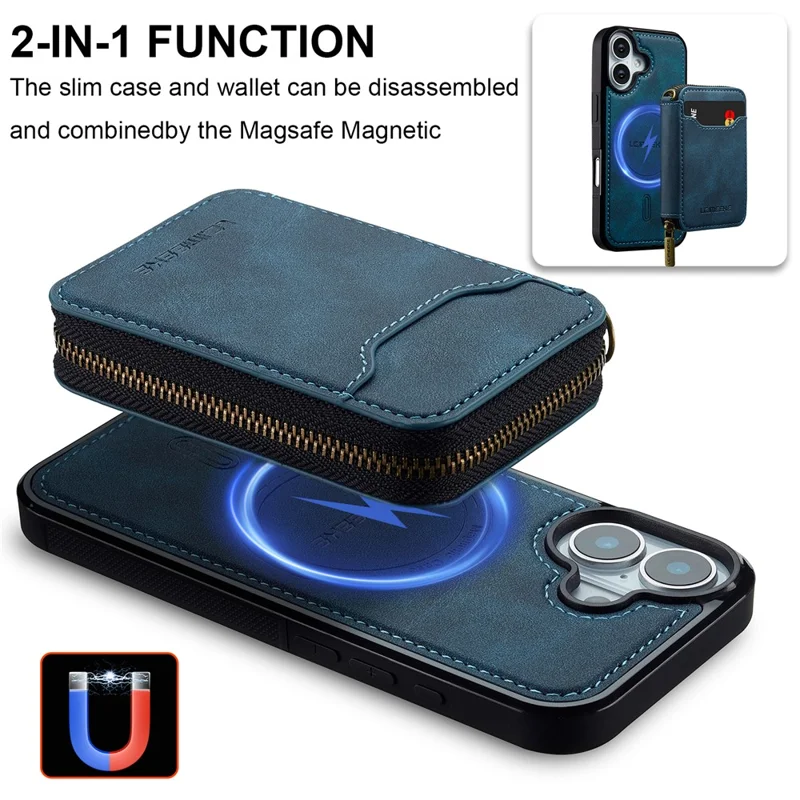 LC.IMEEKE L6 For iPhone 16 Plus Magnetic Case Detachable Zipper Wallet Leather Coated PC + TPU Phone Cover - Blue