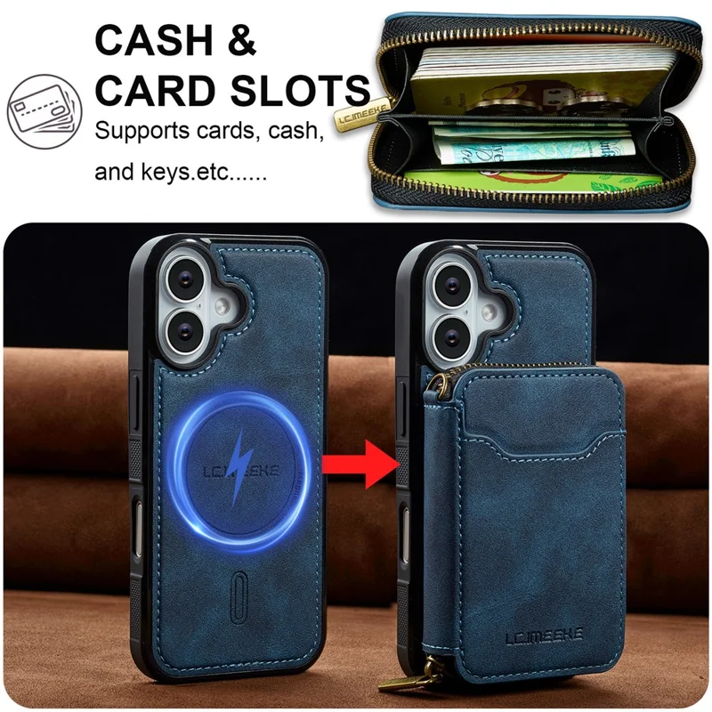 LC.IMEEKE L6 For iPhone 16 Plus Magnetic Case Detachable Zipper Wallet Leather Coated PC + TPU Phone Cover - Blue