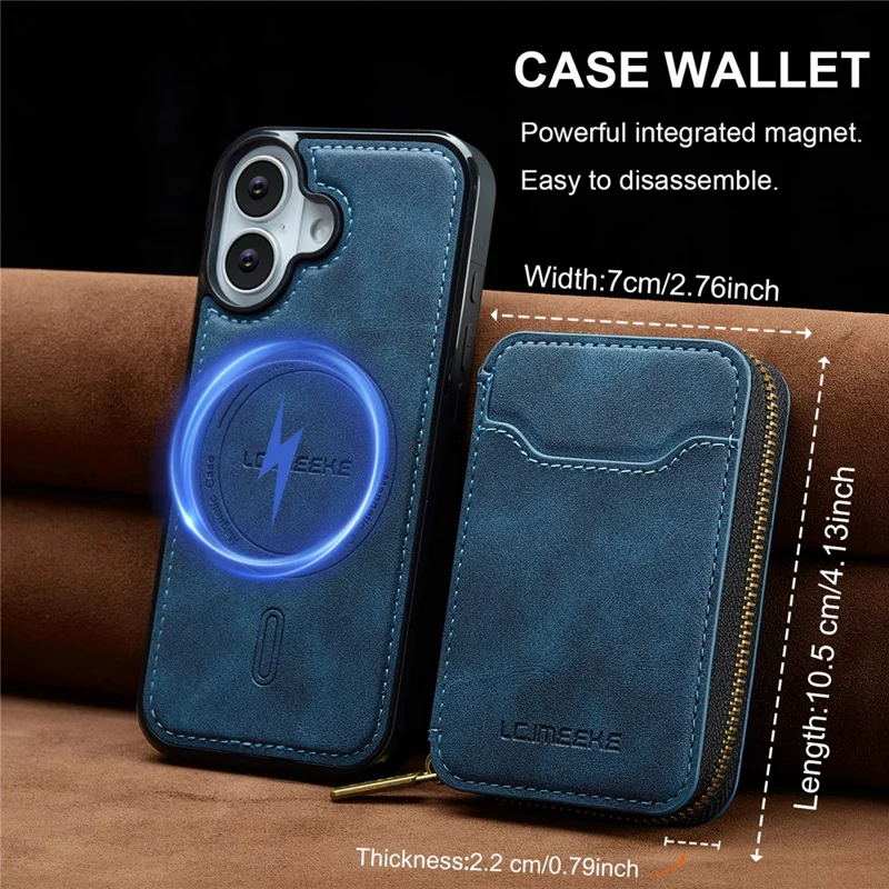 LC.IMEEKE L6 For iPhone 16 Plus Magnetic Case Detachable Zipper Wallet Leather Coated PC + TPU Phone Cover - Blue