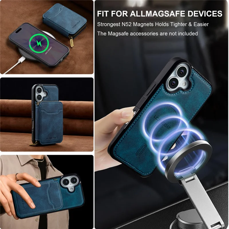LC.IMEEKE L6 For iPhone 16 Plus Magnetic Case Detachable Zipper Wallet Leather Coated PC + TPU Phone Cover - Blue