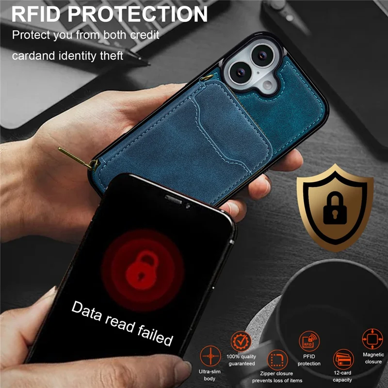 LC.IMEEKE L6 For iPhone 16 Plus Magnetic Case Detachable Zipper Wallet Leather Coated PC + TPU Phone Cover - Blue
