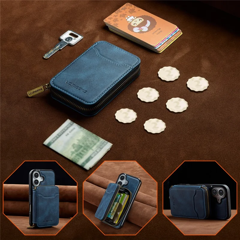 LC.IMEEKE L6 For iPhone 16 Plus Magnetic Case Detachable Zipper Wallet Leather Coated PC + TPU Phone Cover - Blue