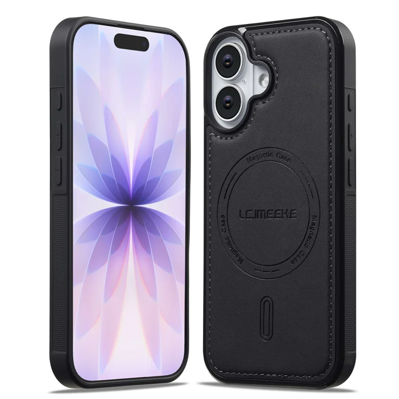 LC.IMEEKE L6 For iPhone 16 Plus Case PU Leather Coated PC TPU Phone Cover Compatible with MagSafe - Black