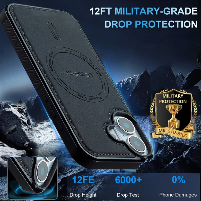 LC.IMEEKE L6 For iPhone 16 Plus Case PU Leather Coated PC TPU Phone Cover Compatible with MagSafe - Black