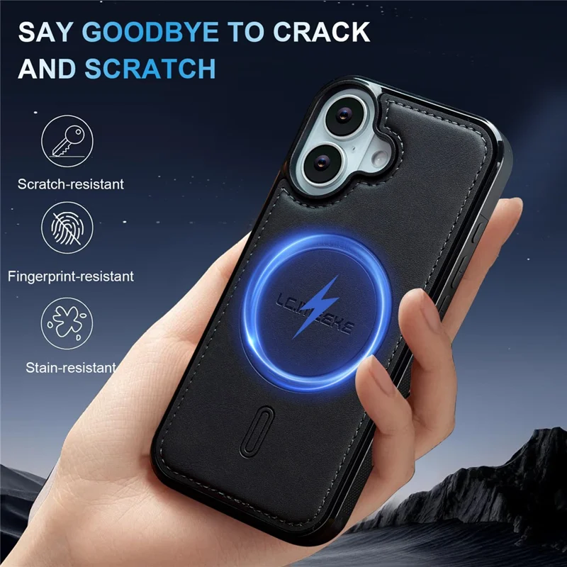 LC.IMEEKE L6 For iPhone 16 Plus Case PU Leather Coated PC TPU Phone Cover Compatible with MagSafe - Black
