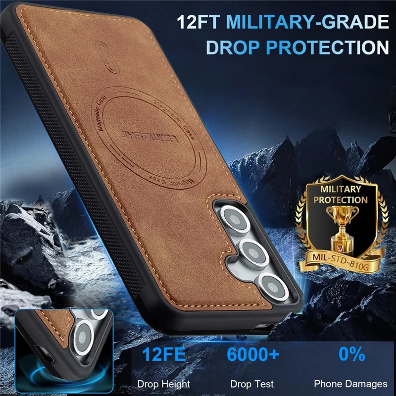 LC.IMEEKE L6 For Samsung Galaxy S25 Magnetic Case PU Leather Coated PC TPU Phone Cover - Brown