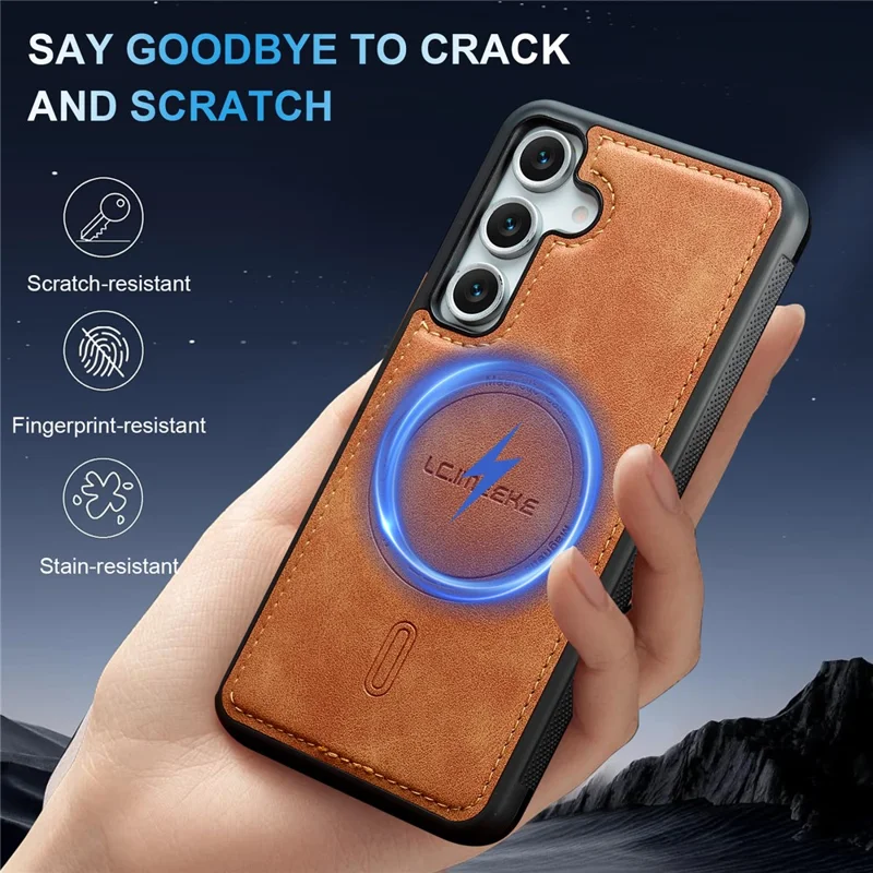 LC.IMEEKE L6 For Samsung Galaxy S25 Magnetic Case PU Leather Coated PC TPU Phone Cover - Brown