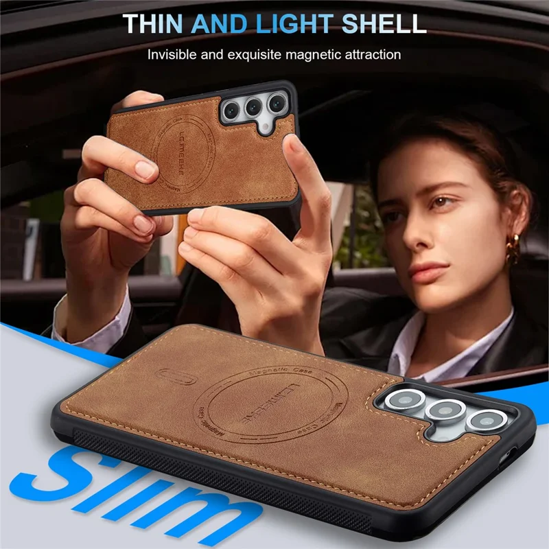 LC.IMEEKE L6 For Samsung Galaxy S25 Magnetic Case PU Leather Coated PC TPU Phone Cover - Brown