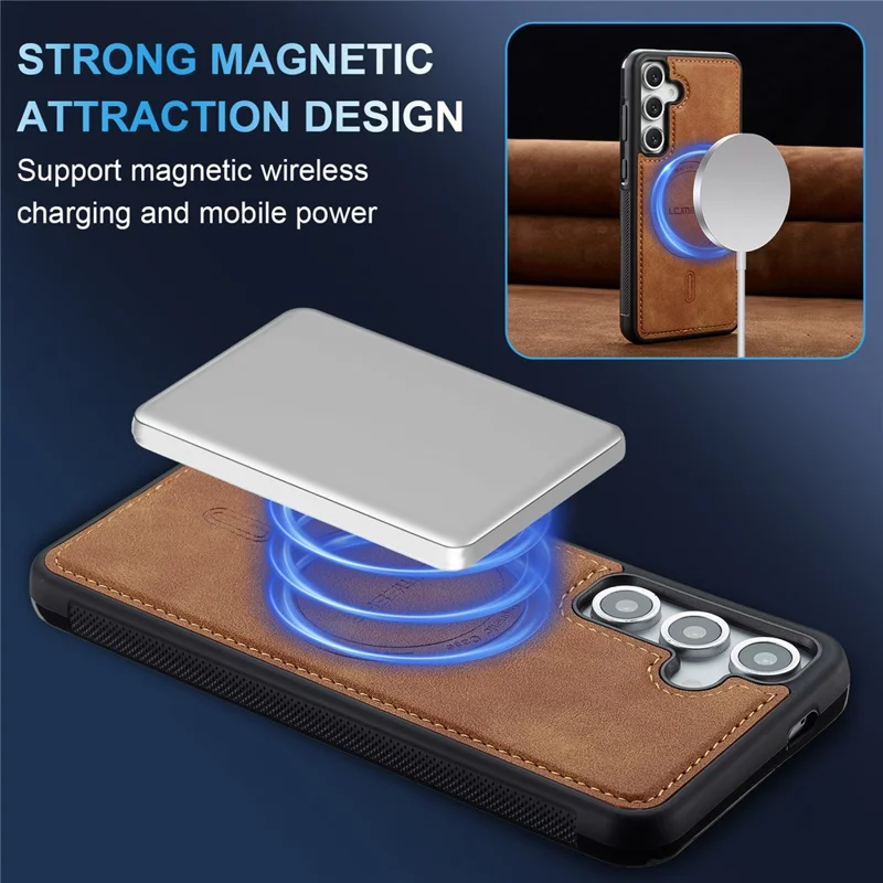 LC.IMEEKE L6 For Samsung Galaxy S25 Magnetic Case PU Leather Coated PC TPU Phone Cover - Brown
