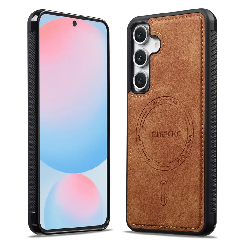 LC.IMEEKE L6 For Samsung Galaxy S25 Magnetic Case PU Leather Coated PC TPU Phone Cover - Brown