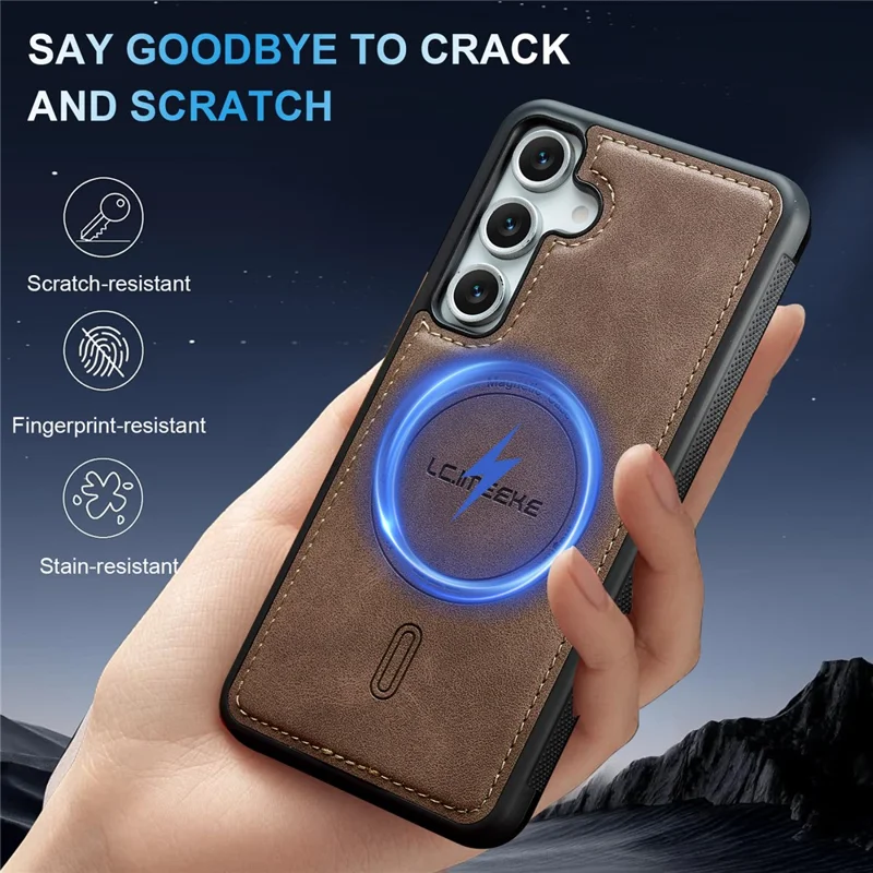 LC.IMEEKE L6 For Samsung Galaxy S25+ Magnetic Case PU Leather Coated PC TPU Phone Cover - Coffee